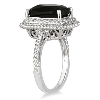 13x9mm Cushion Cut Onyx and Diamond Ring in .925 Sterling Silver 