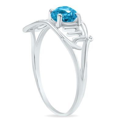 Blue Topaz and Diamond Heart Shaped MOM Ring in 10K White Gold