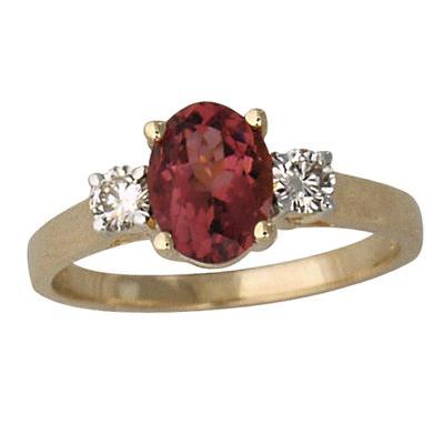 Pink Tourmaline and Diamond Three Stone Ring 14K Yellow Gold