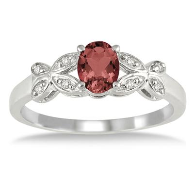 1/4 Carat Oval Garnet and Diamond Ring in .925 Sterling Silver