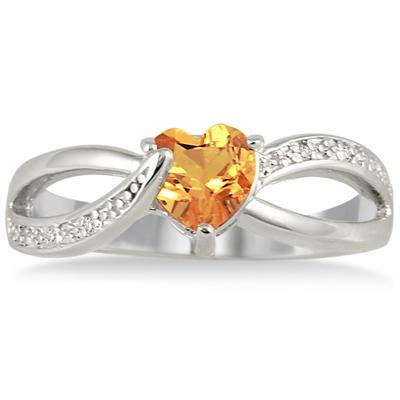 6MM Heart Shape Citrine and Diamond Ring in .925 Sterling Silver