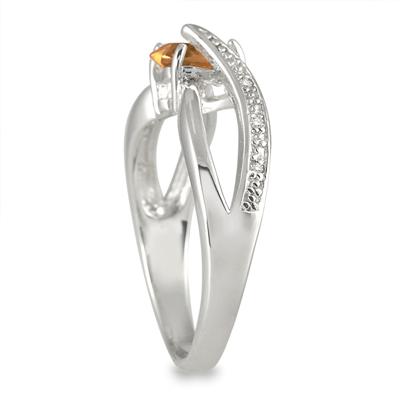 6MM Heart Shape Citrine and Diamond Ring in .925 Sterling Silver