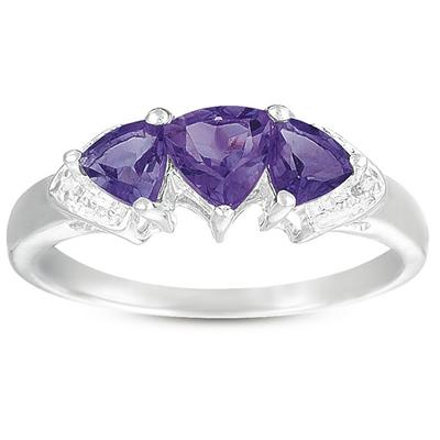 3 Stone Trillion Cut Amethyst and Diamond Ring in .925 Sterling Silver