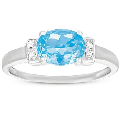 6x8MM Oval Cut Sky Blue Topaz and Diamond Ring in .925 Sterling Silver