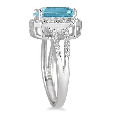 Emerald Cut Blue Topaz and Diamond Ring in .925 Sterling Silver