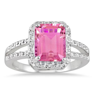 4.50 Carat Emerald Cut Pink Topaz and Diamond Ring in .925 Sterling Silver