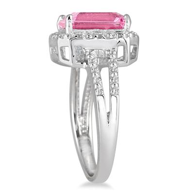 4.50 Carat Emerald Cut Pink Topaz and Diamond Ring in .925 Sterling Silver