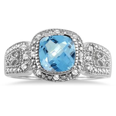 1.50 Carat Cushion Cut Blue Topaz and Diamond Antique Ring in .925 Sterling Silver