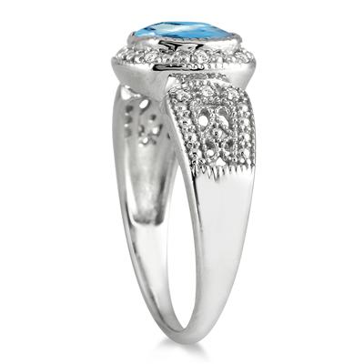 1.50 Carat Cushion Cut Blue Topaz and Diamond Antique Ring in .925 Sterling Silver