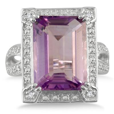 7 Carat Emerald Cut Amethyst and Diamond Ring in .925 Sterling Silver