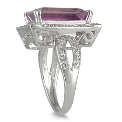 7 Carat Emerald Cut Amethyst and Diamond Ring in .925 Sterling Silver