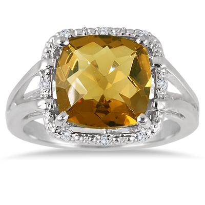3.75 Carat Cushion Cut Natural Honey Quartz and Diamond Ring in .925 Sterling Silver