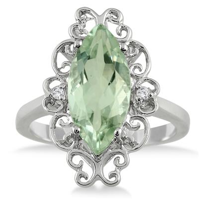 3.00 Carat Marquise Green Amethyst and Diamond Deco Ring in .925 Sterling Silver
