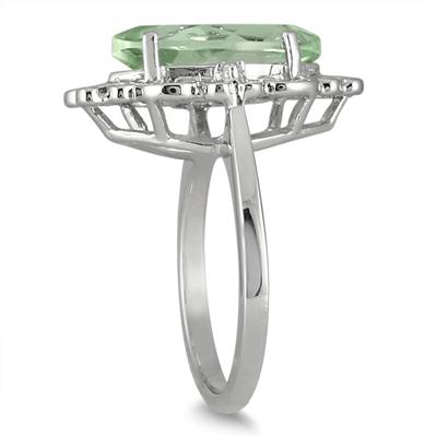 3.00 Carat Marquise Green Amethyst and Diamond Deco Ring in .925 Sterling Silver