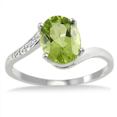 1.75 Carat Oval Peridot and Diamond Ring in .925 Sterling Silver