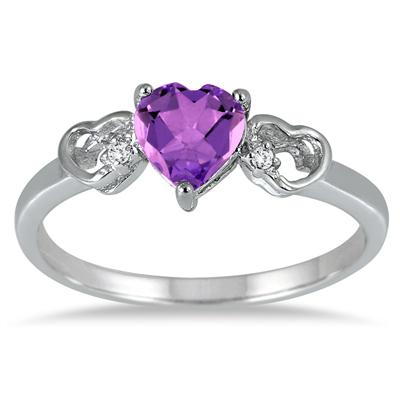 Triple Heart Amethyst and Diamond Ring in .925 Sterling Silver