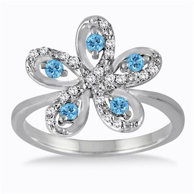 Blue Topaz and Diamond Flower Ring in .925 Sterling Silver 