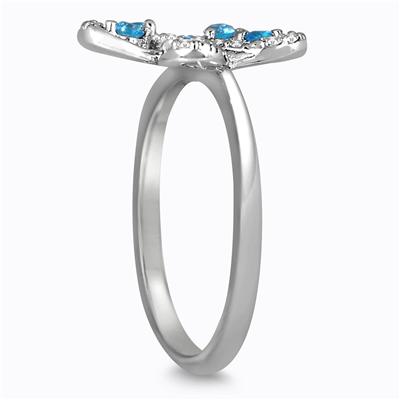 Blue Topaz and Diamond Flower Ring in .925 Sterling Silver 