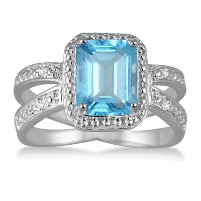 2.50 Carat Emerald Cut Blue Topaz and Diamond Ring in .925 Sterling Silver