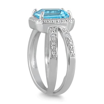2.50 Carat Emerald Cut Blue Topaz and Diamond Ring in .925 Sterling Silver