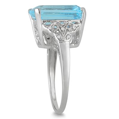9.50 Carat Emerald Cut Blue Topaz and Diamond Ring in .925 Sterling Silver 
