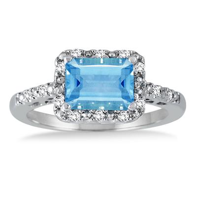 2 Carat Emerald Cut Blue Topaz and Diamond Ring in .925 Sterling Silver 