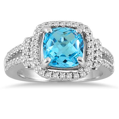 Cushion Cut Blue Topaz and Diamond Ring in 10K White Gold