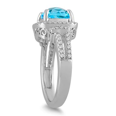 Cushion Cut Blue Topaz and Diamond Ring in 10K White Gold