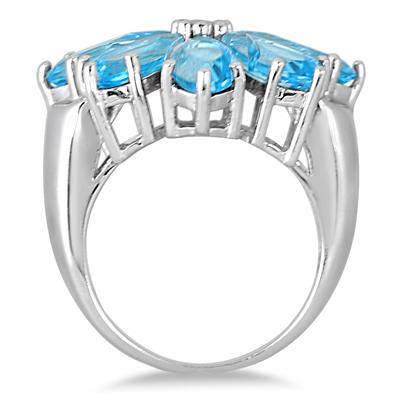 14.50 Carat Blue Topaz and Diamond Flower Ring in .925 Sterling Silver
