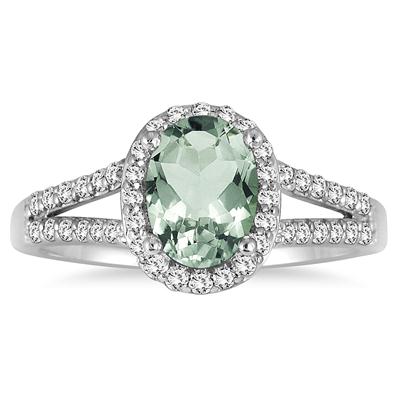 1 1/4 Carat Oval Green Amethyst and Diamond Ring in 10K White Gold