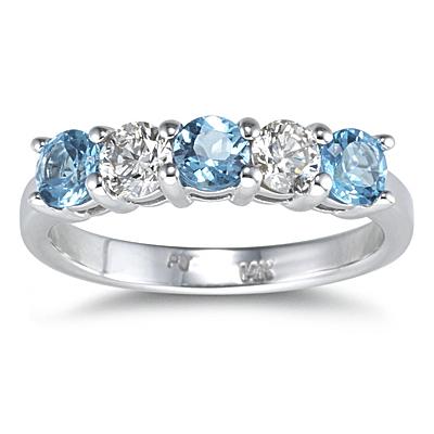 5 Stone Blue Topaz and Diamond Ring in 14K White Gold