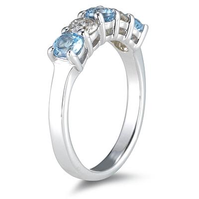 5 Stone Blue Topaz and Diamond Ring in 14K White Gold
