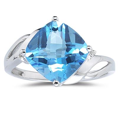 4 1/2 Carat Cushion Cut Blue Topaz & Diamond Ring in 14K White Gold