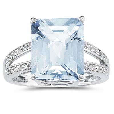 7 Carat Emerald Cut Aquamarine and Diamond Ring 10k White Gold