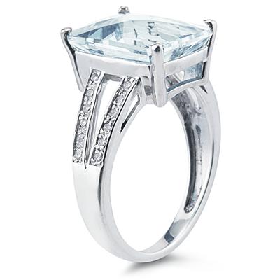 7 Carat Emerald Cut Aquamarine and Diamond Ring 10k White Gold