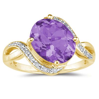 Oval Shaped Amethyst and Diamond Curve Ring in 10K Yellow Gold