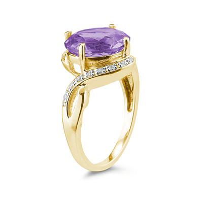 Oval Shaped Amethyst and Diamond Curve Ring in 10K Yellow Gold
