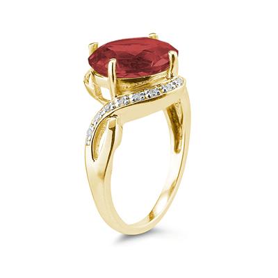 Oval Shaped Garnet and Diamond Curve Ring in 10K Yellow Gold
