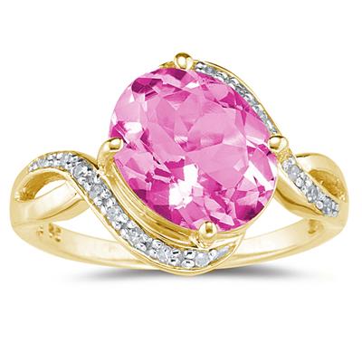 Oval Shaped Pink Topaz and Diamond Curve Ring in 10K Yellow Gold