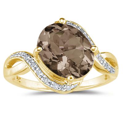 Oval Shaped Smokey Quartz and Diamond Curve Ring in 10K Yellow Gold