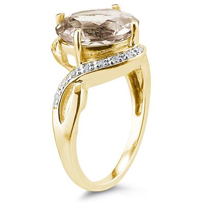Oval Shaped Smokey Quartz and Diamond Curve Ring in 10K Yellow Gold