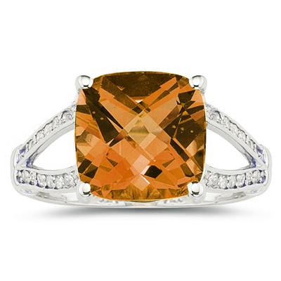 Cushion Cut Citrine and Diamond Ring 10k White Gold