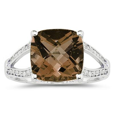 Cushion Cut Smokey Quartz and Diamond Ring 10k White Gold