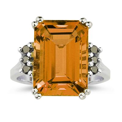 Emerald Cut Citrine and Black Diamond Ring 10k White Gold.
