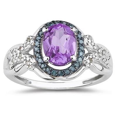 Amethyst and Blue and White Diamond Ring in 10K White Gold