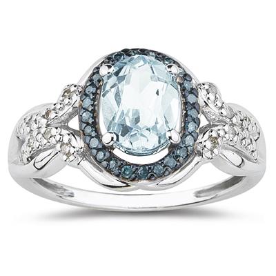 Aquamarine and Blue and White Diamond Ring in 10K White Gold