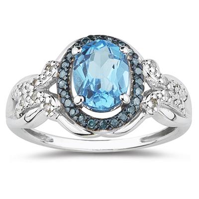 Blue Topaz and Blue and White Diamond Ring in 10K White Gold