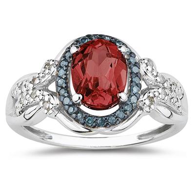 Garnet and Blue and White Diamond Ring in 10K White Gold