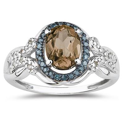 Smokey Quartz and Blue and White Diamond Ring in 10K White Gold