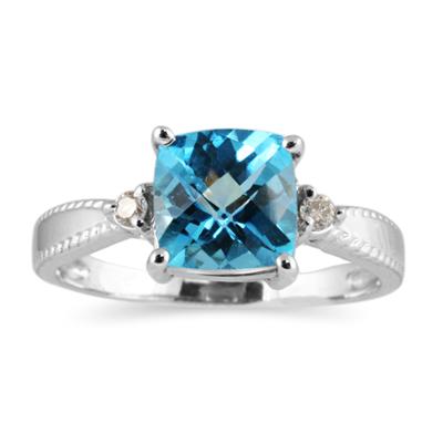 1.5Ct. Cushion Cut Blue Topaz and Diamond Milgraine Ring 10k White Gold